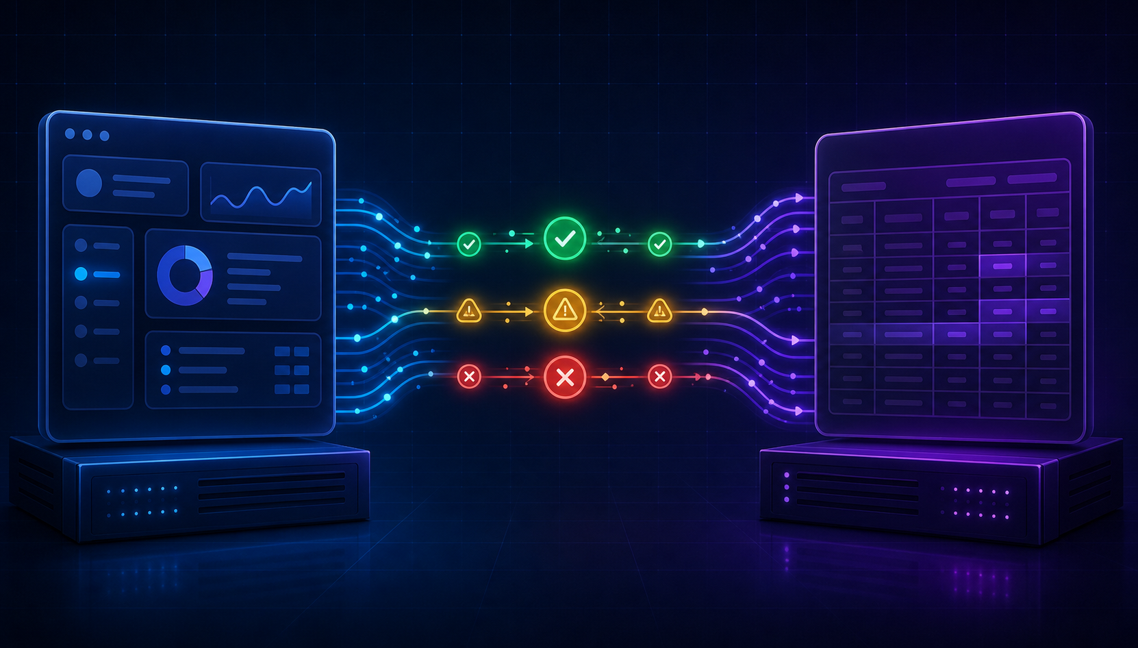 A clean technical diagram showing two connected server systems with bidirectional data flow arrows between them. One side represents a modern SaaS product dashboard with glowing interface panels, the other side shows a traditional accounting database with ledger-style columns. In the middle, flowing data streams carry status indicators — some green checkmarks for approved, some amber warning symbols for pending, some red icons for rejected — illustrating how approval states travel between systems. The visual style is dark background with neon blue and purple data flow lines, professional and modern with a subtle grid overlay. No text, no labels, no letters.