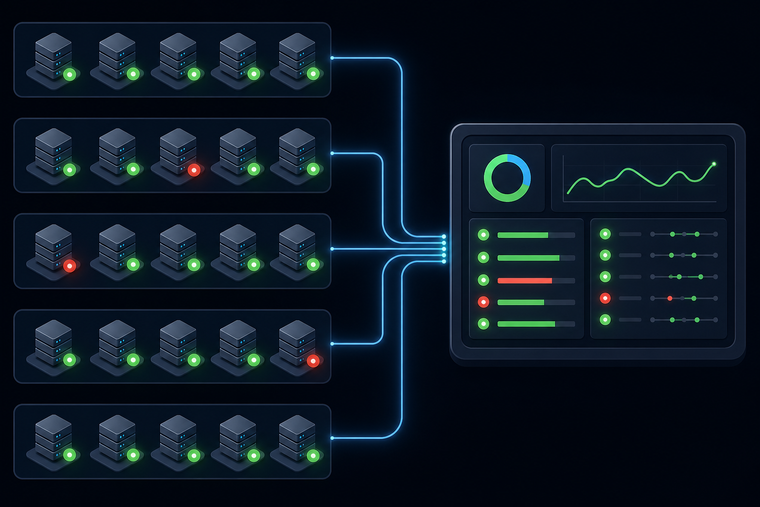 A clean technical diagram showing a multi-tenant monitoring architecture: multiple rows of small server or database icons representing subtenants, each with a glowing green or red status indicator light beside it, connected by lines to a central dashboard panel displaying health metrics and timestamps, dark background with blue and green accent colors, isometric or flat design style, no text or labels