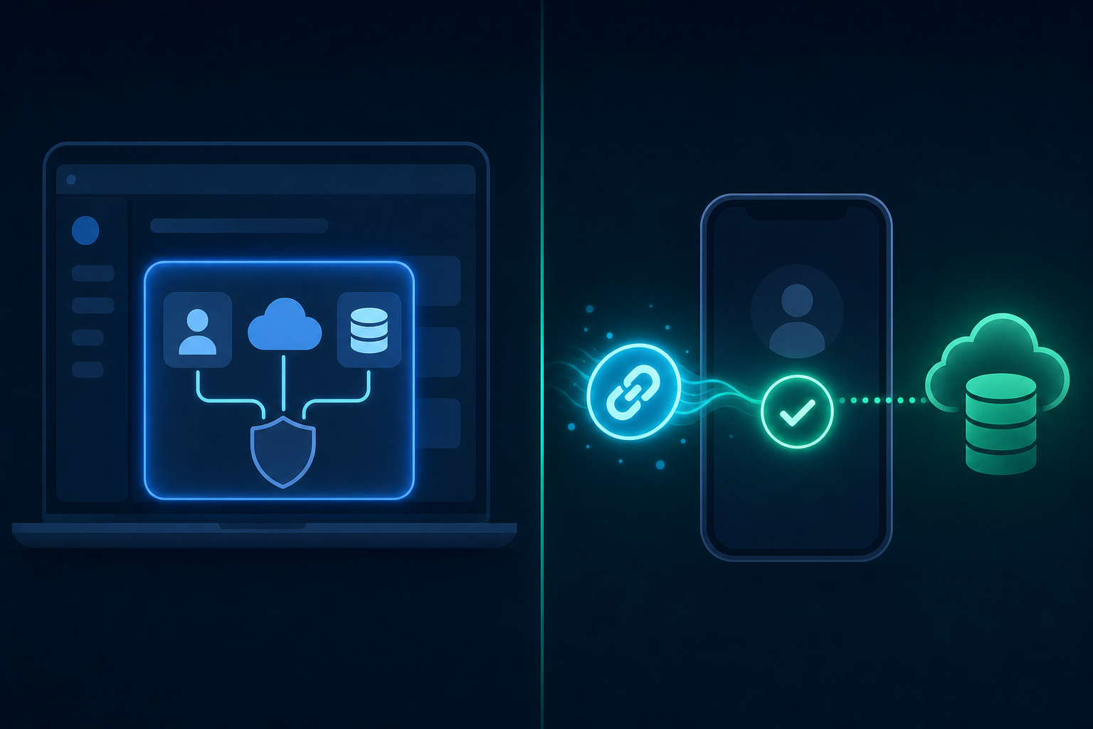 A clean split-screen conceptual illustration on a dark background: on the left side, a glowing embedded widget panel nested inside a laptop or app interface with layered UI components and connected OAuth flow lines; on the right side, a floating magic link represented as a glowing chain-link or key icon sending a signal to a mobile phone, with a smooth OAuth handshake completing between the phone and a cloud data source. Both sides connected by a subtle dividing line in the center, abstract and modern tech aesthetic, no text, no letters, no words