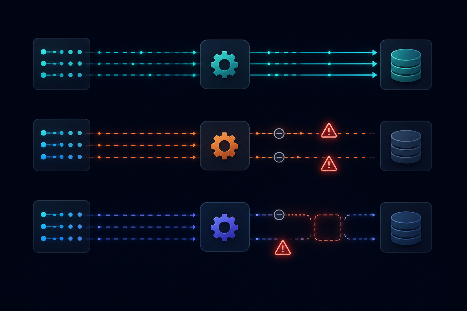 A technical diagram illustrating three ETL data pipeline flows on a dark background. Each pipeline is represented as a horizontal flow of connected nodes and arrows: transaction records flowing into a processing layer and then into a data warehouse. Two of the three pipelines have subtle warning indicators — glowing orange or red broken links and missing data nodes — while one pipeline remains intact with blue and teal flowing data. Abstract and clean, developer-focused aesthetic, no text or labels, with geometric shapes and gradient lines representing data movement and silent failure points.