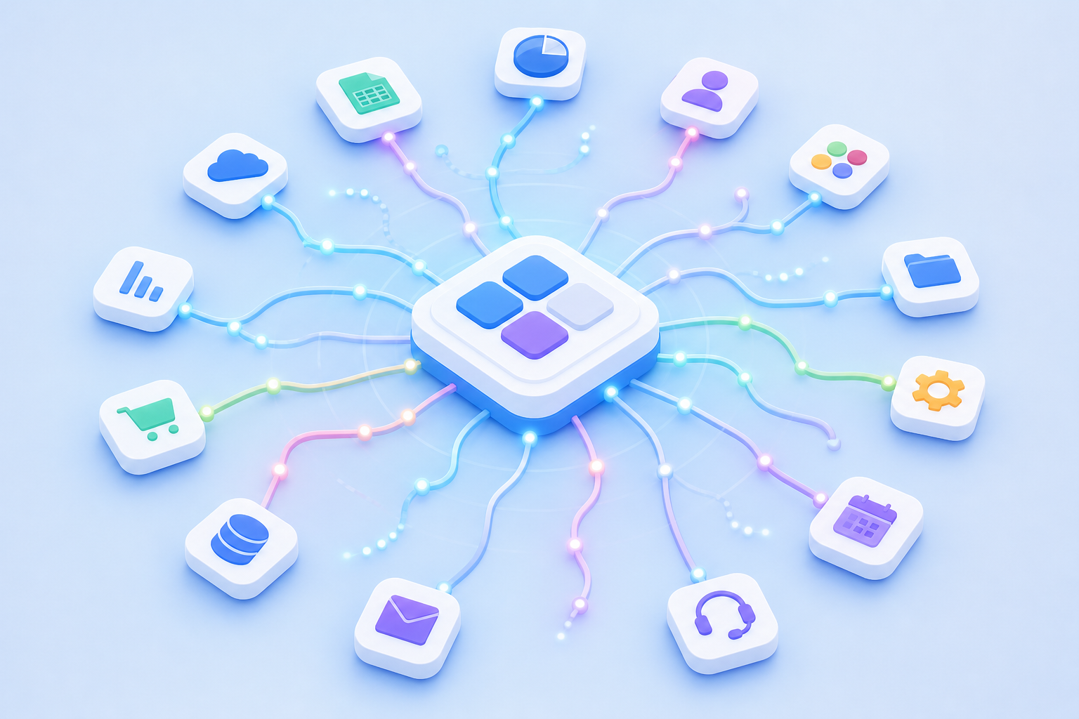 An abstract illustration showing a central software product hub surrounded by dozens of colorful application icons connected by flowing lines and data streams, representing the complexity of modern SaaS integration ecosystems, with a network of glowing nodes radiating outward, isometric style, blue and purple color palette, clean and modern tech aesthetic