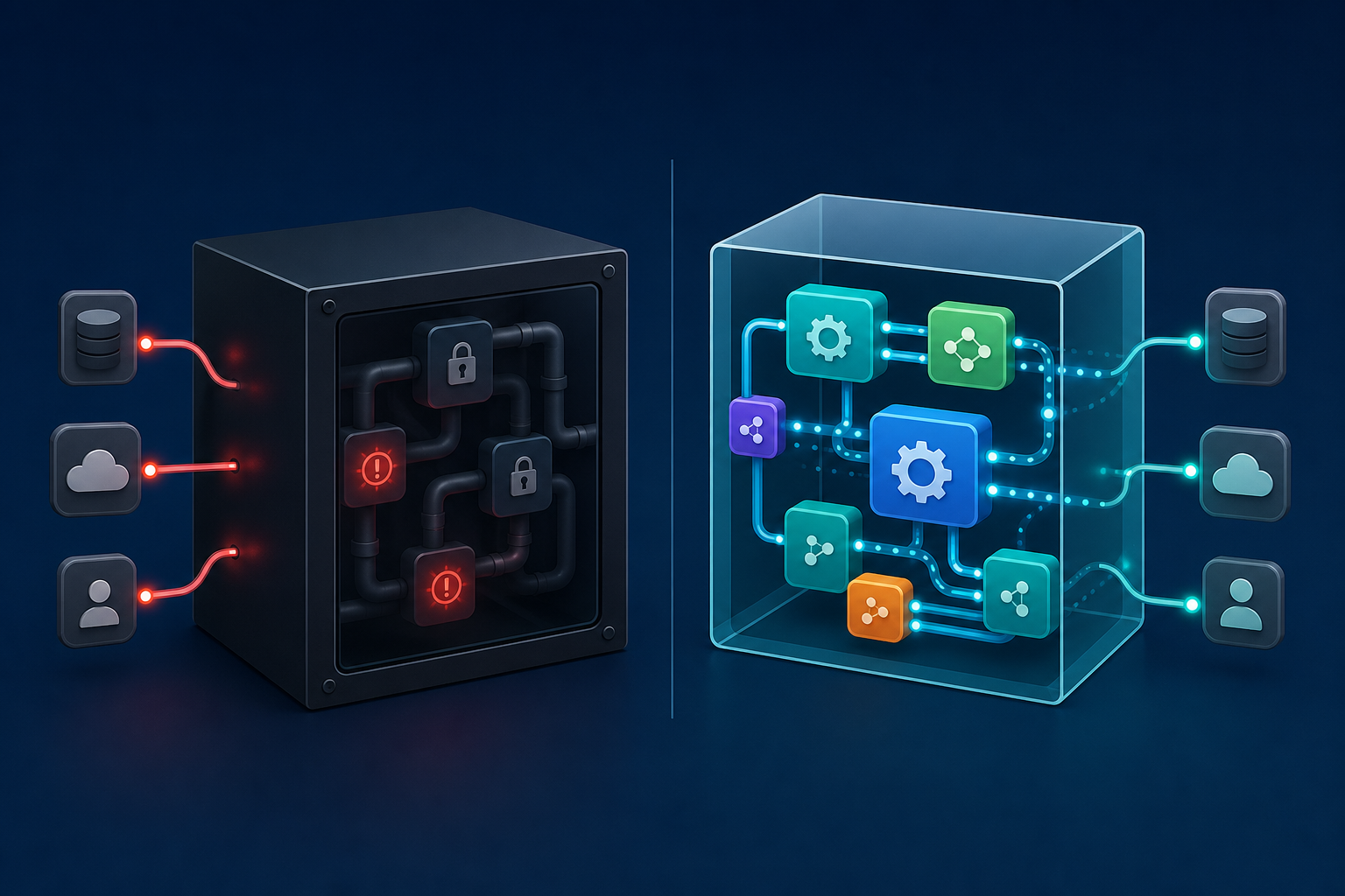 A split illustration contrasting two server or pipeline architectures side by side: on the left, a dark opaque sealed black box with glowing red error indicators and locked padlock symbols, representing a closed inaccessible system; on the right, an open transparent glass container revealing colorful modular code blocks, gear icons, and flowing data pathways in blue and teal, representing open-source inspectable connectors. Clean flat design aesthetic, dark navy background, vibrant accent colors, abstract geometric shapes, no text, no labels, no letters, no words.