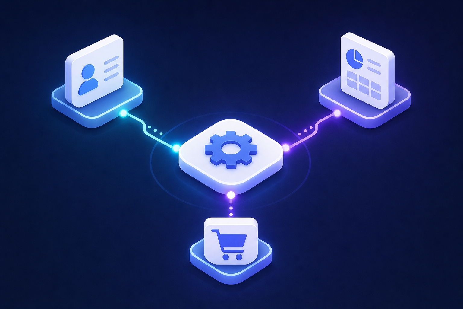 A sleek isometric illustration of interconnected software systems — CRM, accounting, and e-commerce platform icons connected by glowing data flow lines converging into a central hub, representing product integrations creating dependency. Dark background with vibrant blue and purple accent colors, modern tech aesthetic, no text or labels.
