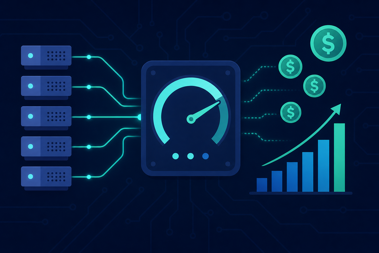 A flat design illustration showing a digital API usage dashboard with a large circular gauge meter nearly full, surrounded by floating dollar coin icons and upward-trending bar charts on a dark navy background. Multiple small server nodes connected by glowing teal lines feed into a central metering device. Blue and teal color palette with subtle circuit board textures. No text, no labels, no numbers, no letters anywhere.