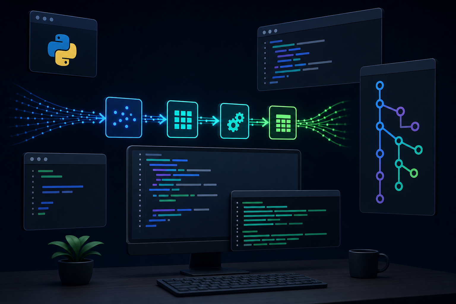 A modern developer workspace with multiple floating code panels and terminal windows arranged in a clean, dark-themed environment. Glowing Python scripts and data pipeline diagrams flow between panels. A version control branch tree is visible on one side. Abstract data streams and transformation arrows connect components. Dark background with blue, teal, and green accent colors. No text, no labels, no words, no letters.