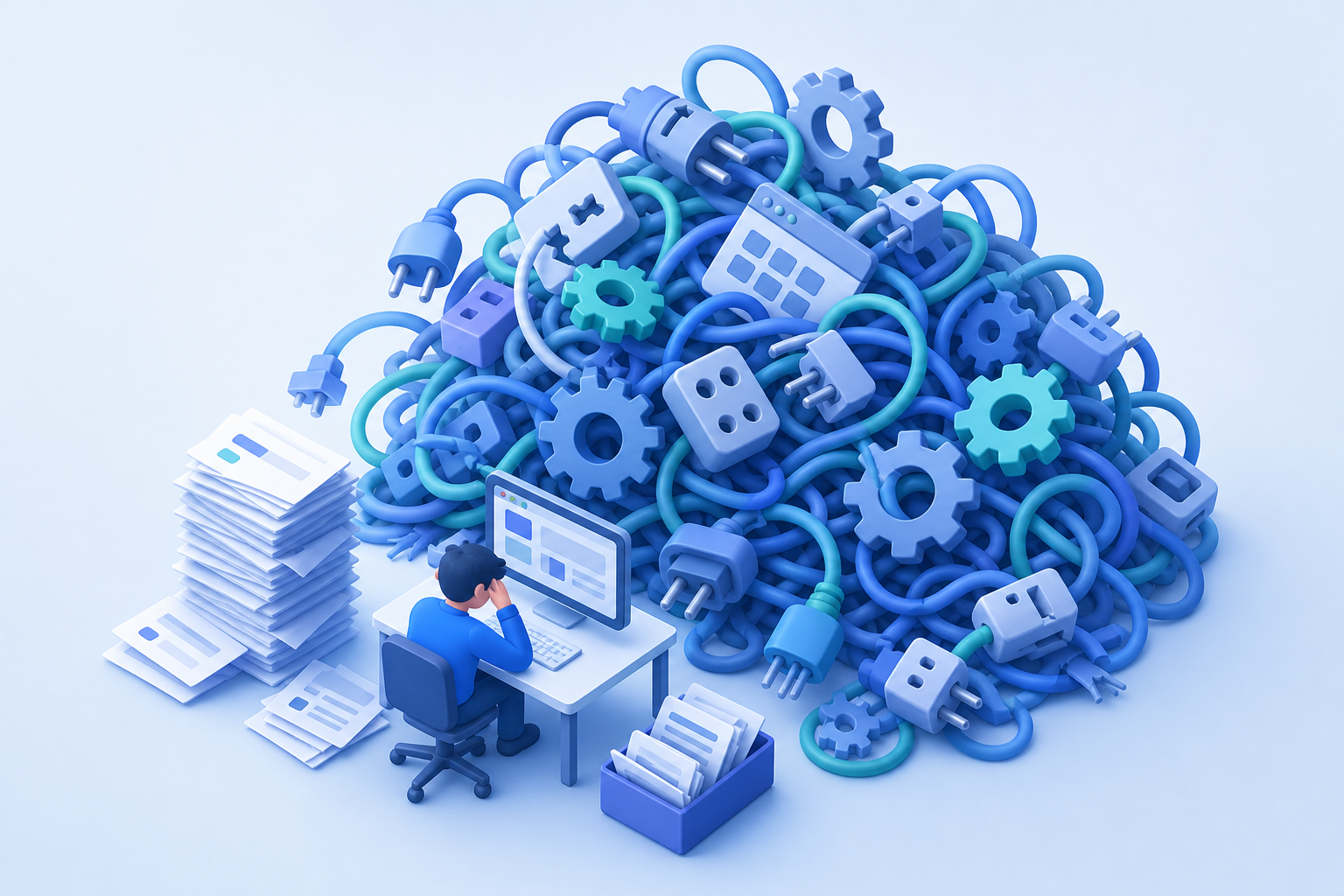 A visual metaphor showing compounding technical debt and maintenance burden: a small software engineer figure at a desk surrounded by an ever-growing pile of tangled cables, gears, and broken mechanical connectors, with stacks of repair tickets overflowing. The scene is isometric, clean and modern with a blue and teal color palette, no text or labels anywhere in the image.