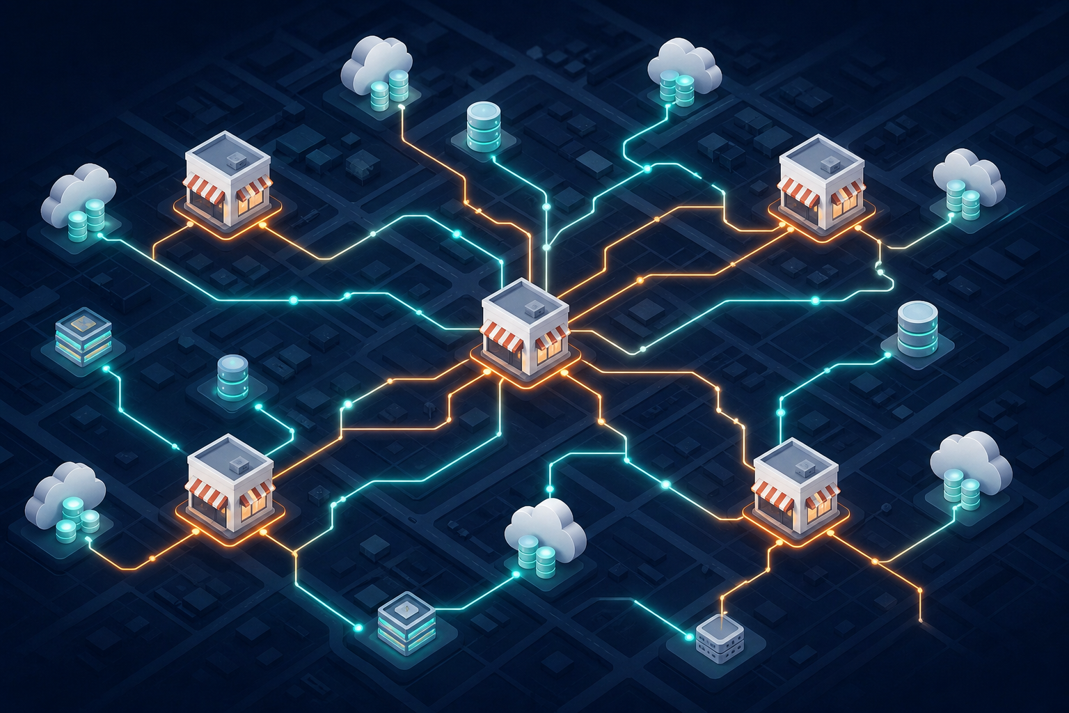 An isometric illustration showing a network of restaurant locations spread across a city map, each location represented by a small restaurant building icon, with glowing connection lines flowing outward from each location to clusters of cloud server nodes and data platform icons. The lines form a complex web of integrations, with some connections branching and multiplying, visualizing the compounding complexity of multi-location credential management and API connections. Color palette: deep navy blue background with teal and orange accent glows on the connection lines, soft white building icons.