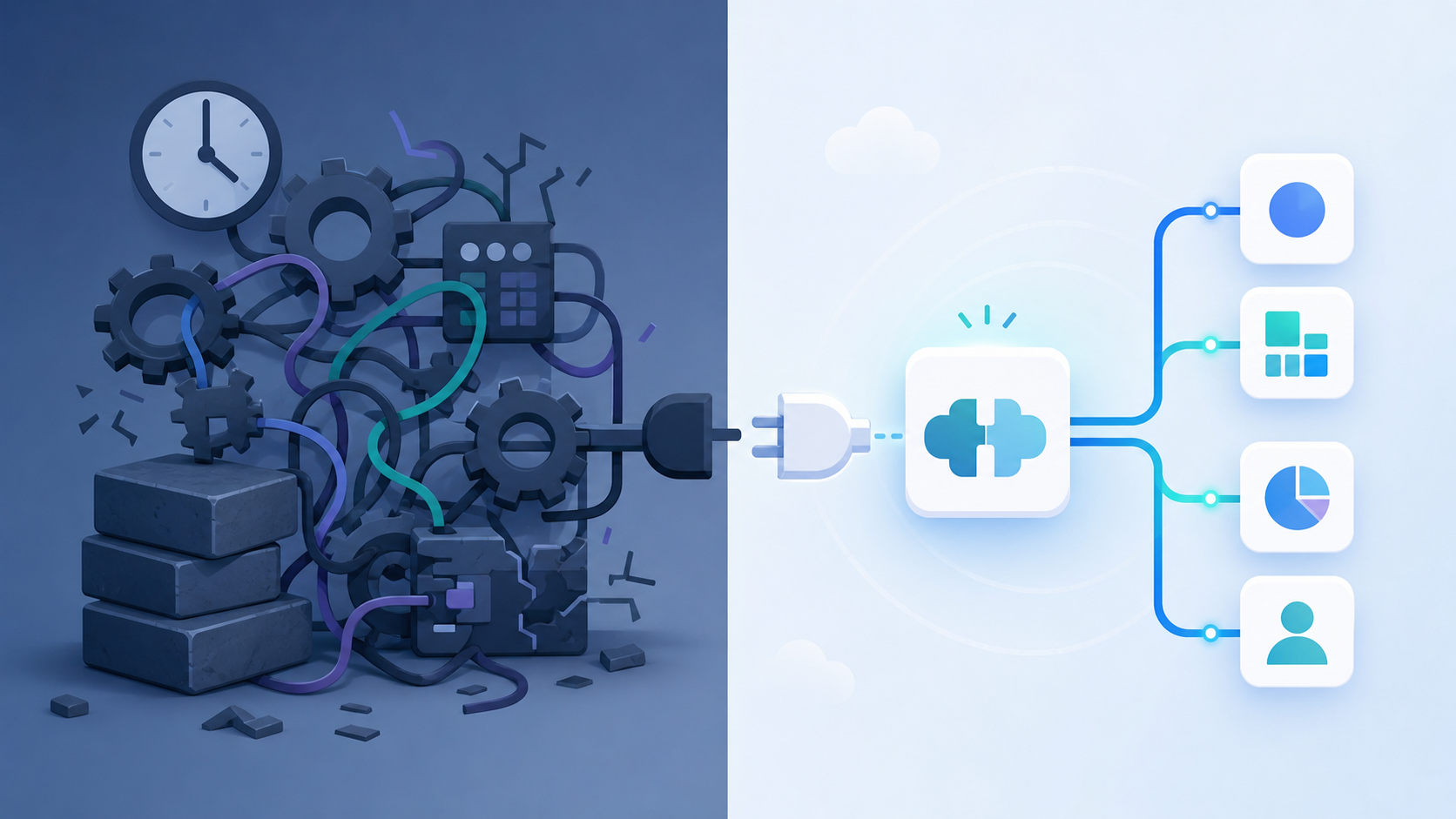 A dramatic visual comparison showing two contrasting paths: on the left, a tangled maze of gears, wires, and broken circuits symbolizing complexity and high cost, with a clock showing time pressure and a stack of heavy blocks representing engineering burden; on the right, a clean, smooth, direct pathway with a lightweight modular connector piece clicking into place effortlessly, surrounded by calm blue tones and simple geometric shapes. Dark navy and teal color palette, flat modern illustration style, no text or labels.