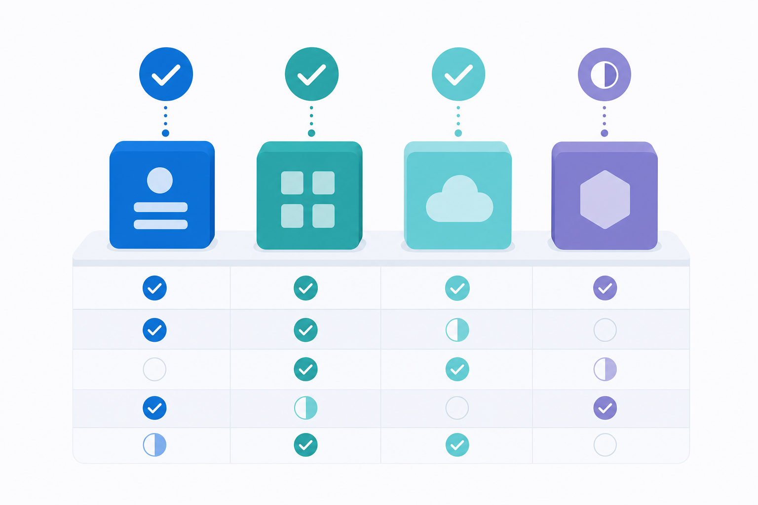 A clean flat-design illustration showing four abstract software platform blocks arranged side by side on a comparison scale or evaluation grid, each block a different color with subtle connector lines and checkmark or scoring symbols floating above them, representing a vendor feature comparison evaluation. Modern geometric style, blue and teal color palette, no text or labels, minimalist and professional.