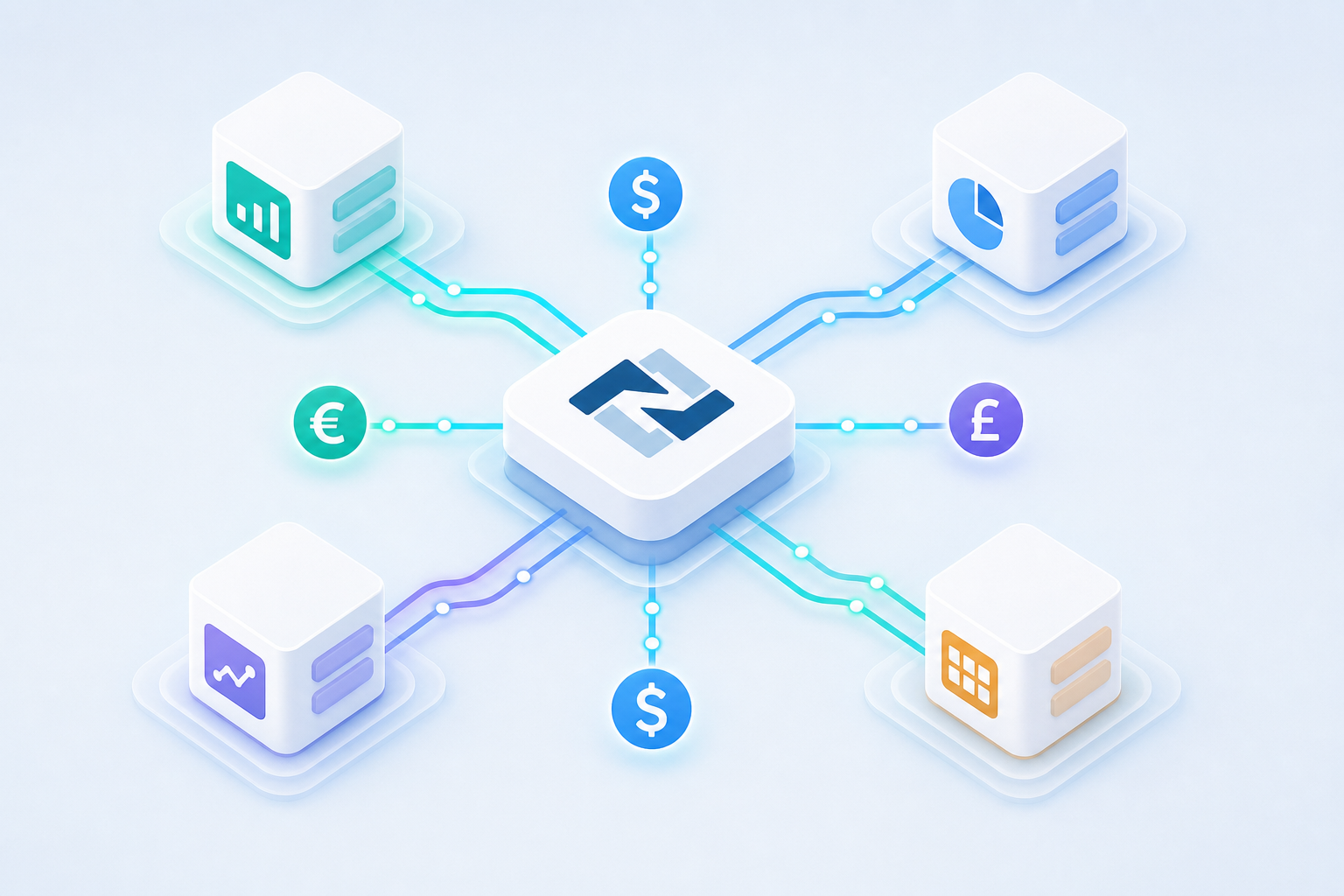 A clean, modern isometric illustration showing multiple corporate subsidiary boxes connected to a central NetSuite-style ERP hub, with flowing data pipelines and currency symbols (dollar, euro, pound) routing between entities. Each subsidiary box has its own color-coded ledger/chart icon. Abstract geometric style, no text or labels, professional blue and teal color palette on a light background.