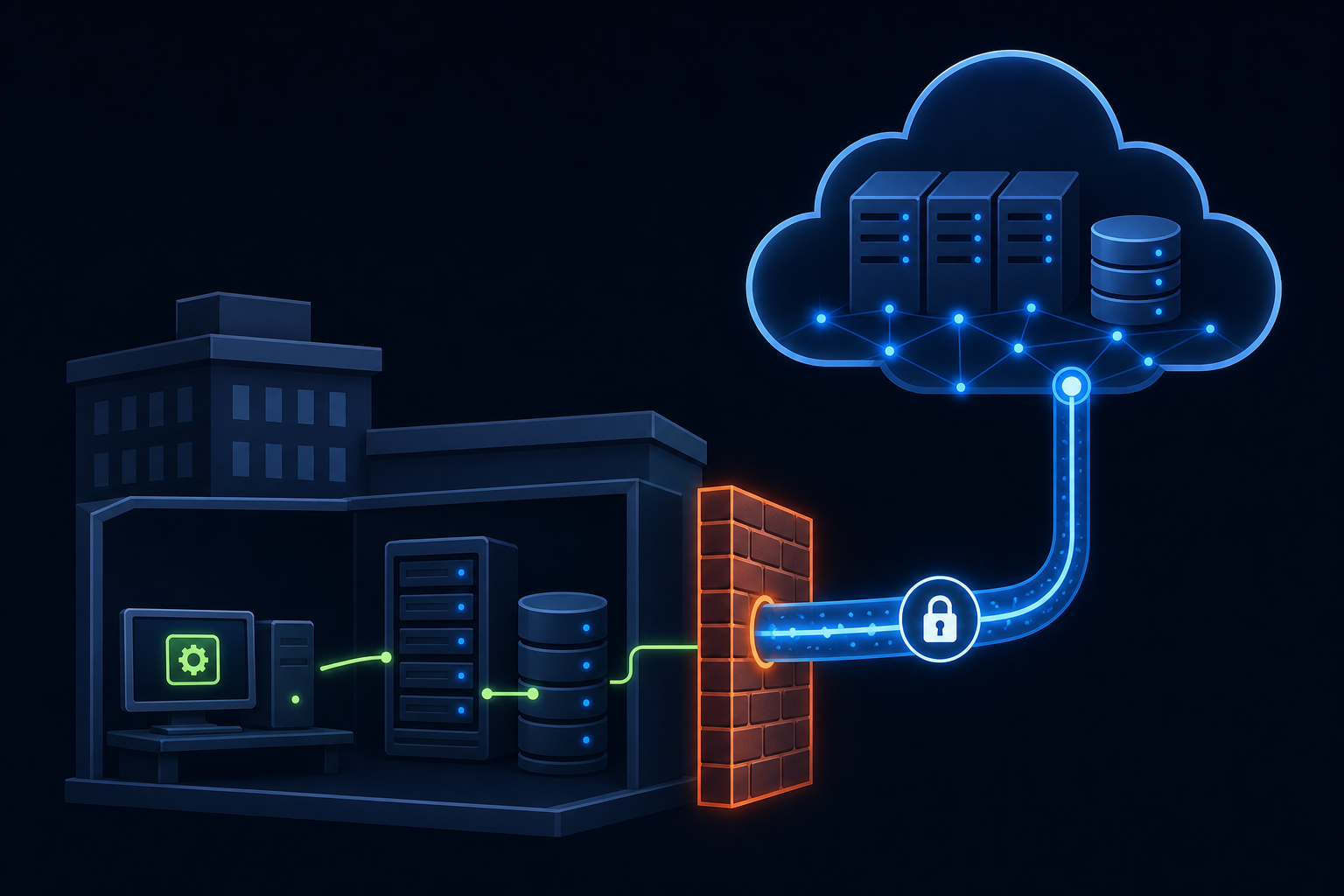 A technical diagram showing an on-premise ERP server inside a corporate building protected by a firewall barrier, with a local software agent installed on a desktop computer connecting via a secure tunnel to a cloud-based SaaS platform floating above. Dark background with glowing blue and green data flow lines, abstract server racks and database cylinders, network nodes and connection arrows illustrating the bridge between an isolated local system and a remote cloud service. Flat modern illustration style, no text or labels.