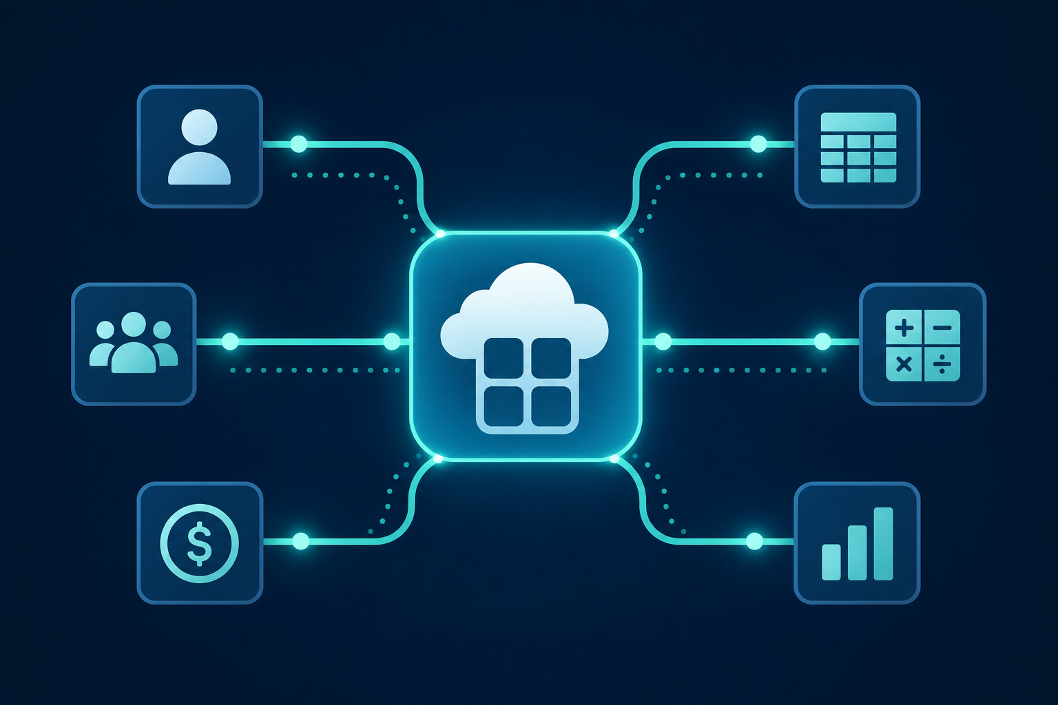 A network diagram illustration showing a central SaaS platform hub connected to multiple enterprise software icons like CRM, payroll, ERP, and accounting systems, with glowing data flow lines between them, symbolizing deep integration and switching costs, dark blue and teal color scheme, clean modern flat design style, no text or labels