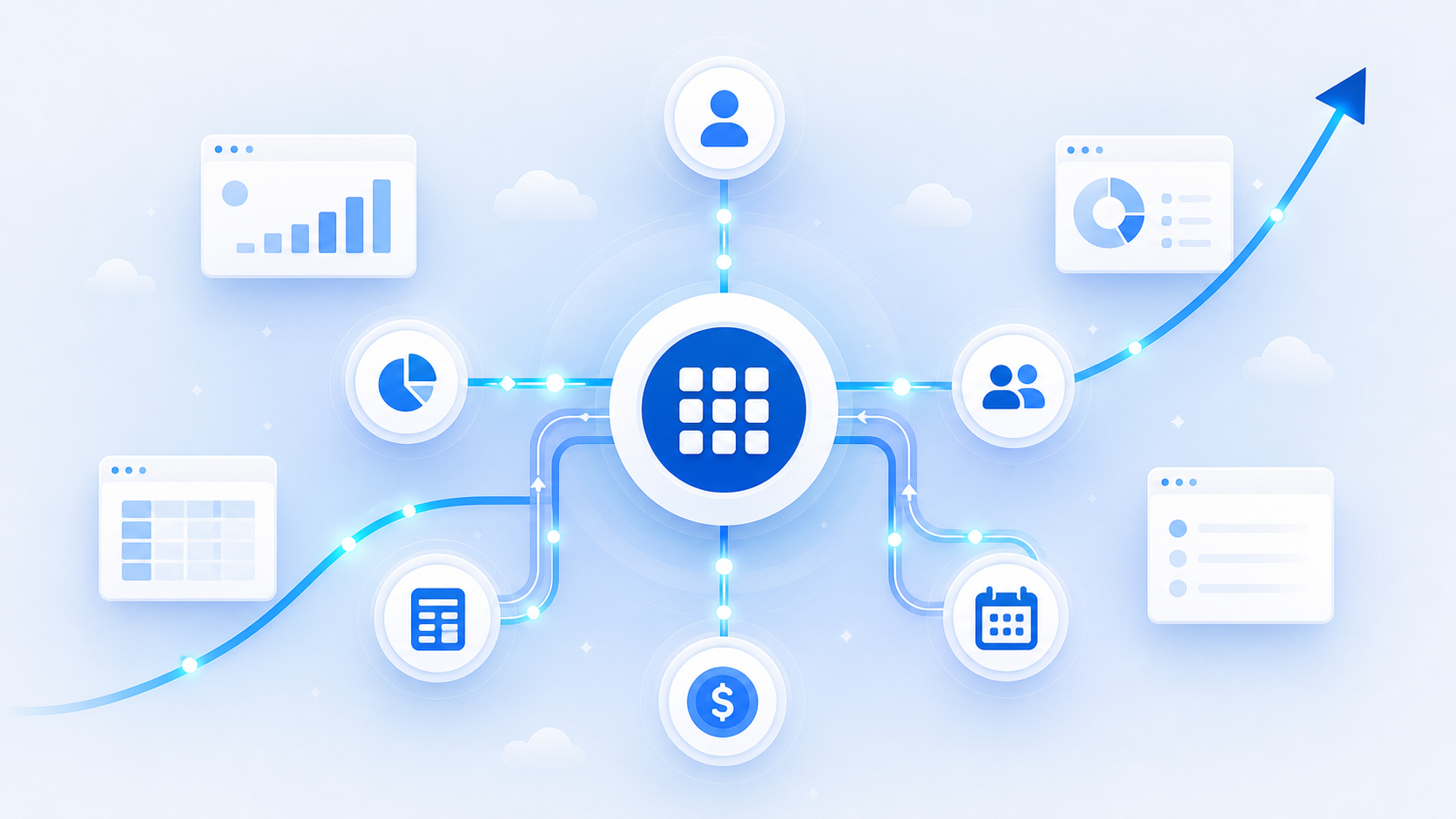 A modern flat design illustration showing a central SaaS product hub connected to multiple business tools (accounting software, CRM, HR system) via clean glowing data pipelines. The connected nodes pulse with activity, symbolizing deep integration and stickiness. A subtle upward growth curve flows through the composition, representing retention and expansion. Color palette: deep navy and electric blue with white accents. No text, no labels, no letters anywhere in the image.