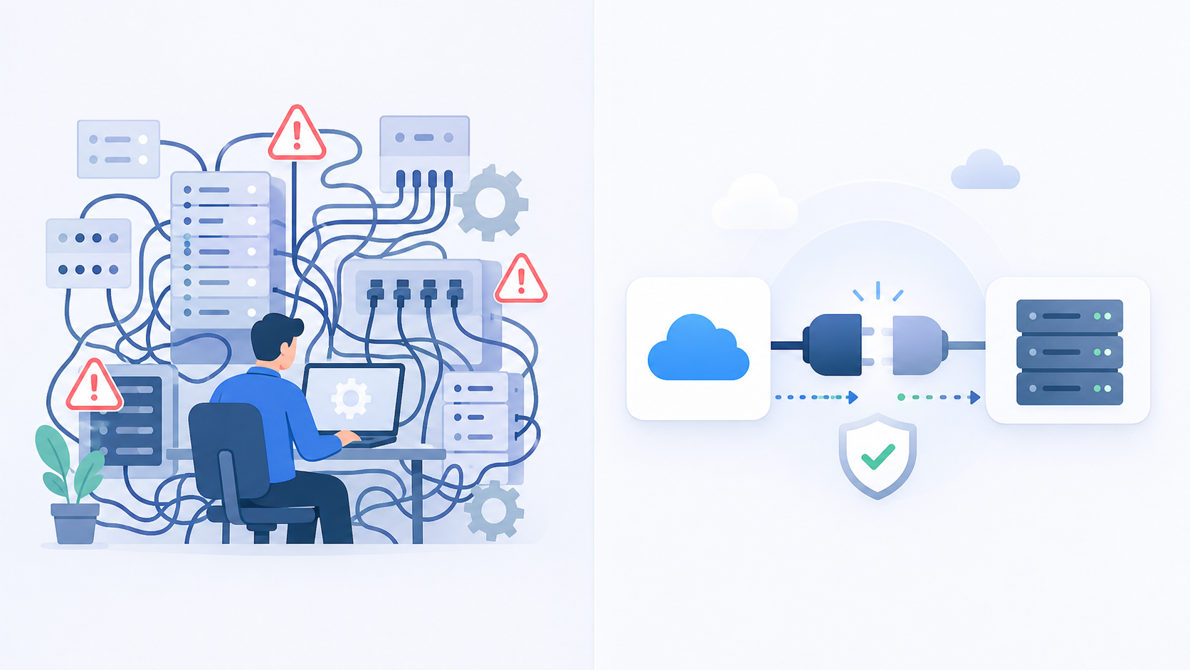 A split-screen conceptual illustration comparing two approaches side by side. On the left, a single engineer surrounded by a tangled web of server racks, cables, gears, and warning symbols representing complexity and maintenance burden. On the right, a clean modular plug-and-socket connection between a modern SaaS application icon and an ERP server block, with smooth data flow arrows and a checkmark shield, representing a streamlined integration solution. Flat vector style with blue, gray, and green tones, no text or labels.