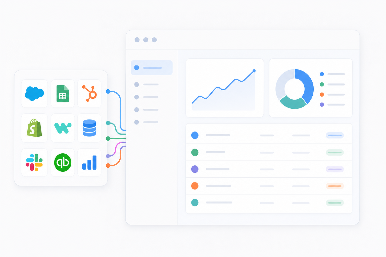 A sleek B2B SaaS product dashboard with a native integration panel embedded seamlessly inside the UI — showing colorful app connector icons (CRM, accounting, marketing tools) arranged in a clean grid, with smooth connecting lines flowing into the main product interface. The design is modern flat illustration style with a light background, conveying a polished, white-labeled experience that feels like a native product feature rather than a third-party tool.