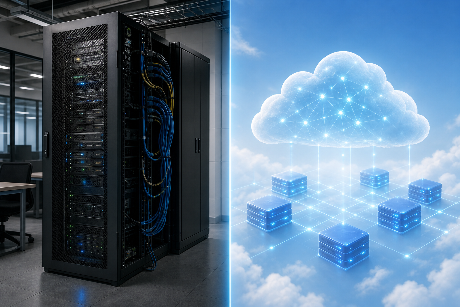 A split visual showing two distinct server environments side by side: on the left, a physical on-premise server rack in an office setting with cables and hardware, dimly lit industrial feel; on the right, a clean bright cloud infrastructure with glowing blue nodes and connections floating in the air. The contrast between the two environments is stark — grounded hardware versus ethereal cloud network. No text, no labels, no words.