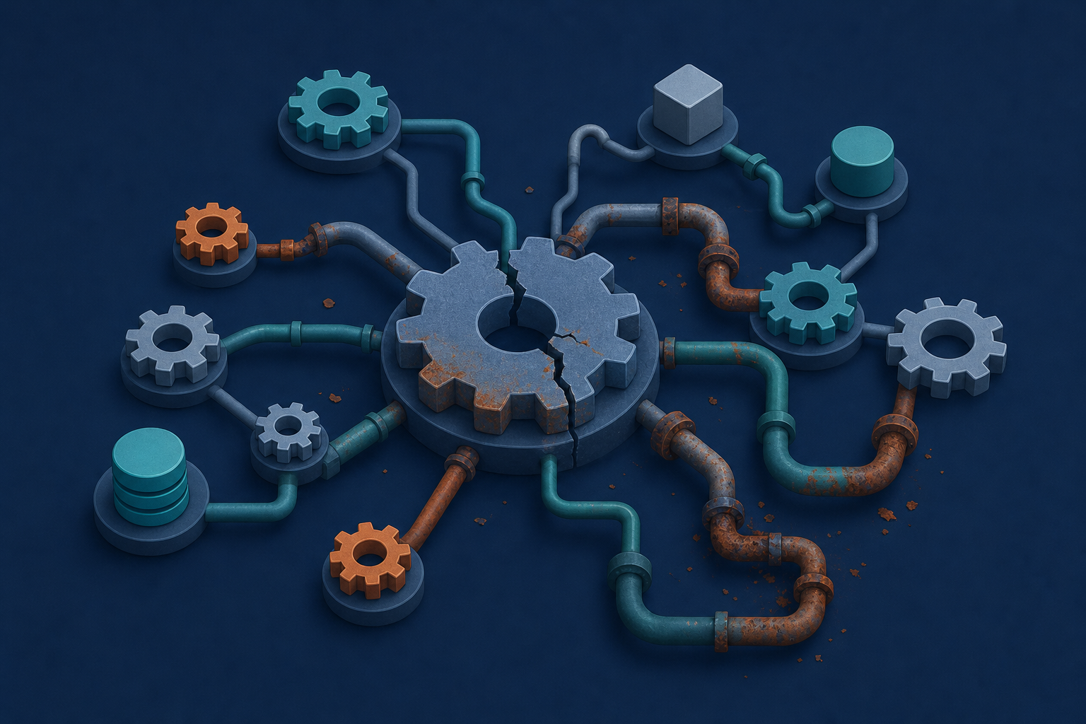 A visual metaphor for software maintenance debt: a complex web of interconnected gears and pipes, some rusted or showing wear, representing a fragile technical system. One central gear is labeled with a crack, and smaller gears branch outward in a chaotic pattern. Dark blue background with teal and orange accents, flat isometric illustration style, no text or labels.