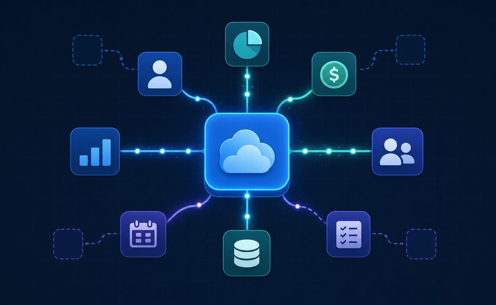 A modern flat-style illustration showing a central SaaS platform hub connected to multiple third-party application icons via glowing data pipeline lines, representing an embedded integration ecosystem. The hub is depicted as a sleek geometric shape in the center, with various app tiles (CRM, accounting, HR, ERP, construction) radiating outward like spokes, connected by animated flowing data streams in blue and teal gradients. Some spokes are solid and connected, while a few at the edges are dashed or broken, visually representing catalog gaps. Clean dark background with subtle grid pattern, no text or labels anywhere in the image.