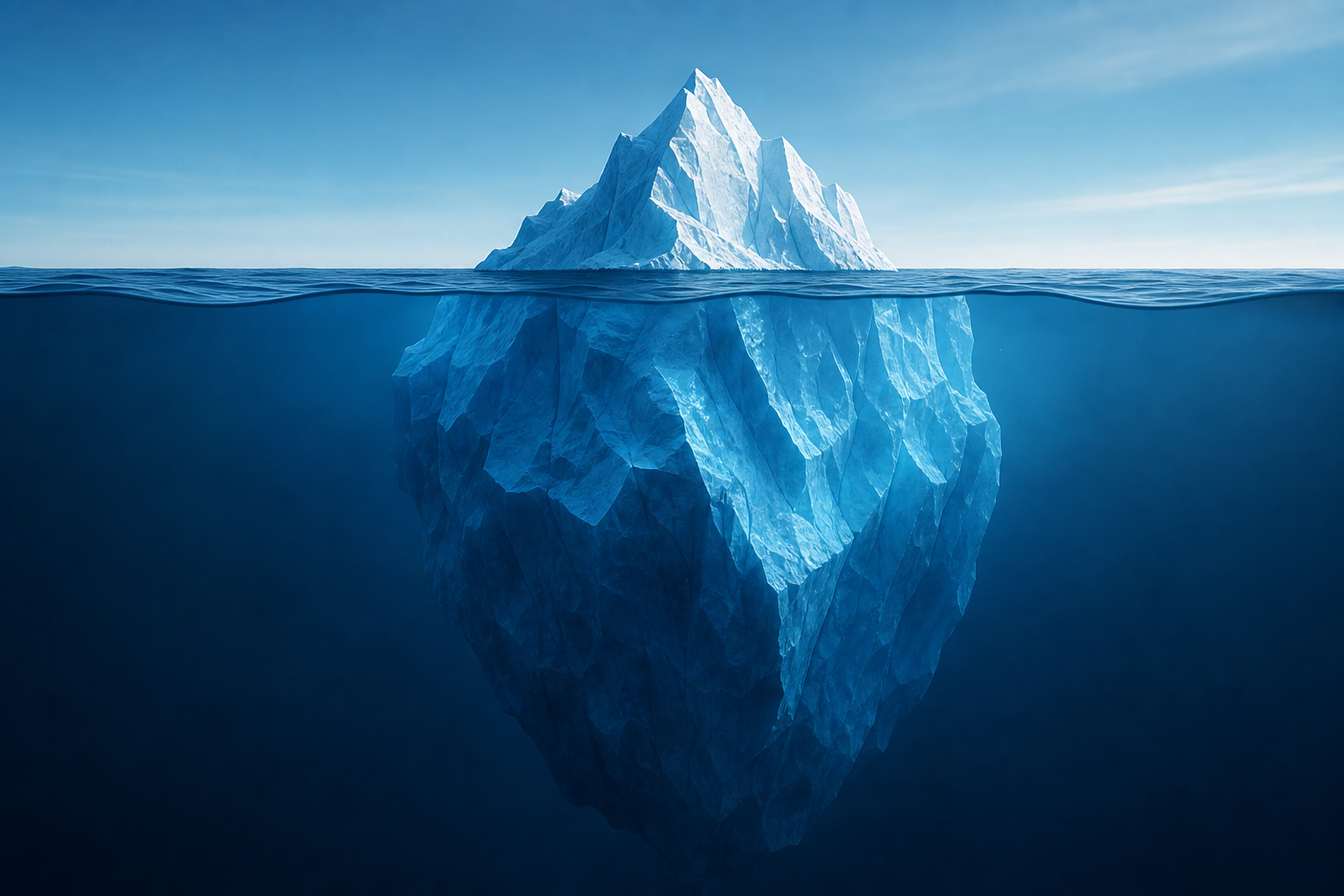 A visual representation of escalating software development costs over time, showing an iceberg metaphor where the visible tip represents initial build costs and the massive submerged portion represents ongoing maintenance, API updates, and hidden engineering expenses. Cool blue tones for the iceberg, dark deep ocean water below, clean minimalist style with no text or labels.