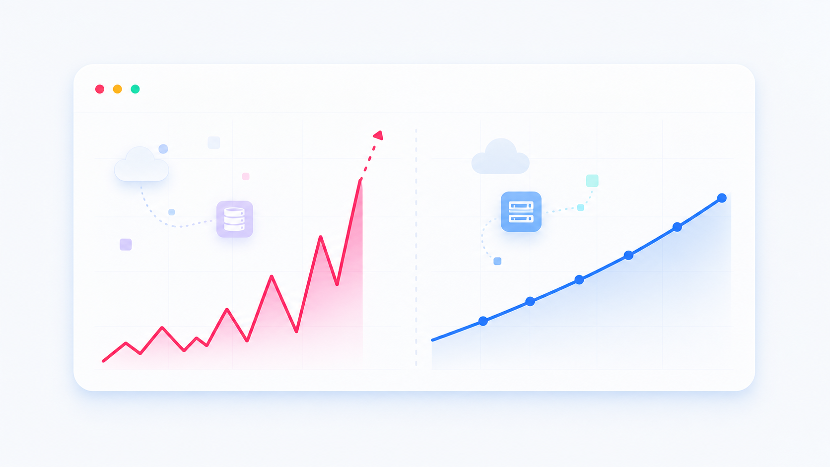 A conceptual illustration showing two contrasting cost curves on a clean dashboard-style graphic. On the left side, a jagged, unpredictable line spiking dramatically upward representing volatile data-volume billing costs. On the right side, a smooth, steady upward-sloping line representing predictable per-tenant pricing that grows linearly. The background is a modern, minimal dark blue and white tech aesthetic with subtle grid lines. Abstract geometric shapes suggest data flow and cloud infrastructure. No text, no numbers, no labels anywhere in the image.