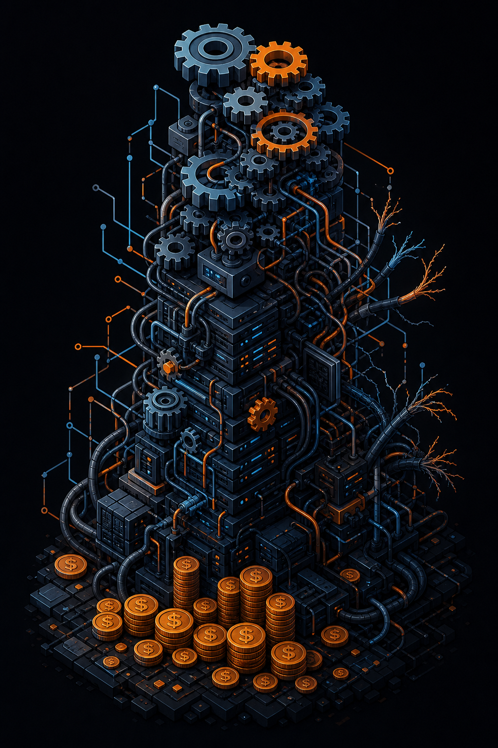 A visual representation of escalating engineering costs and complexity: a stack of interconnected gears and server infrastructure growing taller and more tangled, with dollar coins accumulating at the base, abstract technical debt symbolized by fraying cables and overlapping circuit paths, dark background with blue and orange accent colors, isometric illustration style, no text or labels