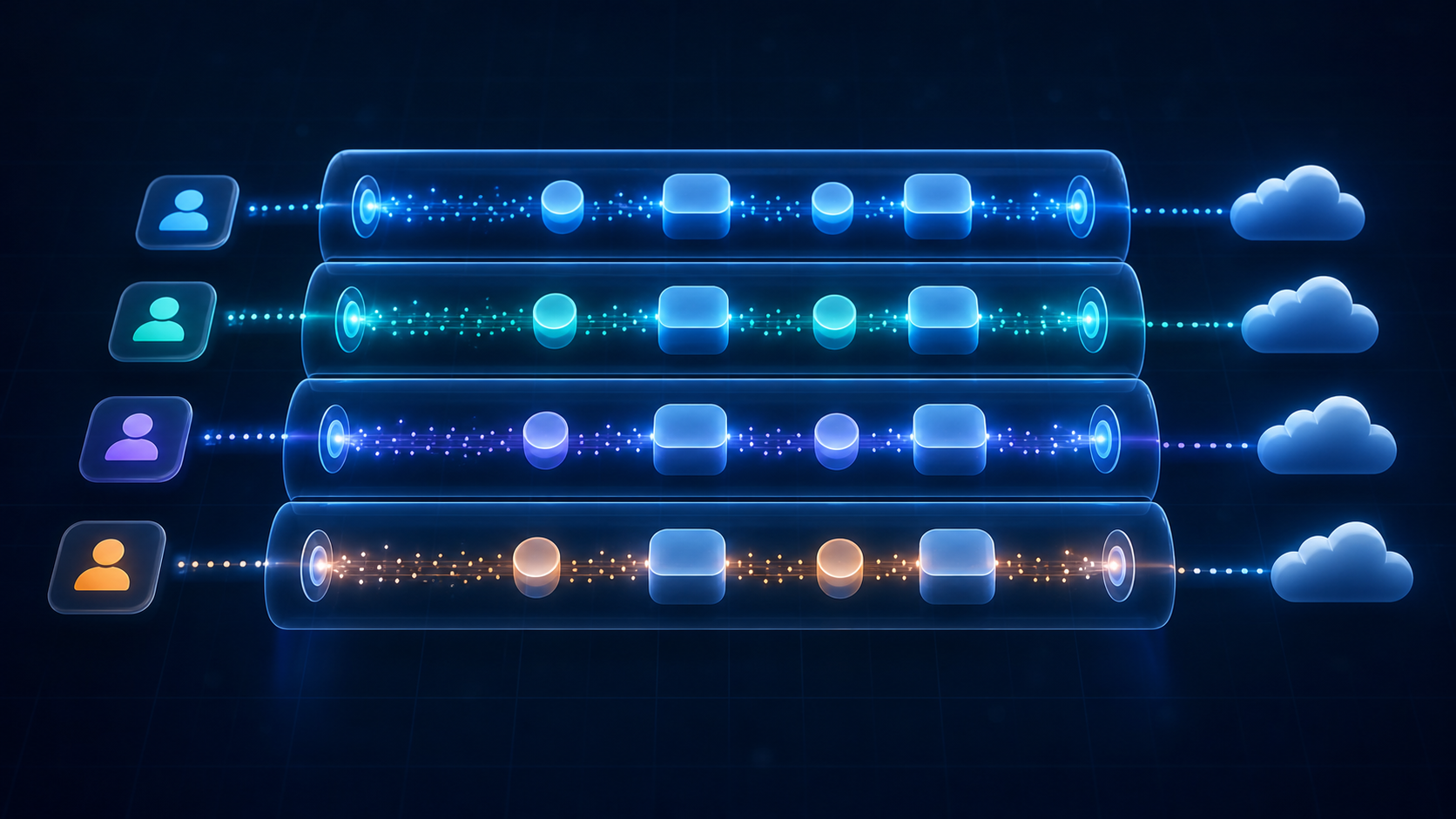A technical architectural diagram illustration showing multiple isolated pipeline channels running in parallel, each represented as a glowing blue data stream flowing through separate contained tubes or lanes, set against a dark background. Each lane is distinct and separated, symbolizing tenant isolation. The streams have nodes or connectors along them, suggesting data processing stages. The overall aesthetic is modern, clean, and technical — like a high-tech infrastructure visualization with subtle grid lines and soft neon blue and teal tones.