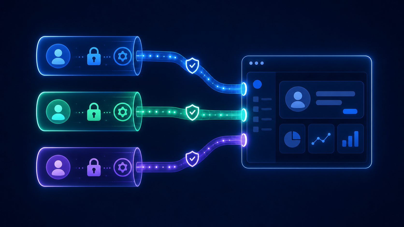 A stylized diagram showing multiple isolated authentication flows, each represented as a separate glowing capsule or container with a padlock icon and a unique color-coded OAuth token. Each capsule connects via a secure tunnel to a central branded product interface on the right, while remaining completely separated from the others. The visual emphasizes isolation and security — no capsule overlaps or shares data with another. Modern flat illustration style, dark navy background with electric blue and teal accent colors, geometric shapes, no text or labels anywhere.