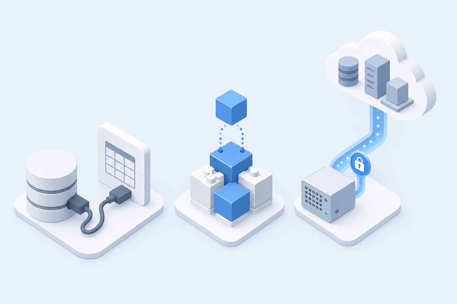 A clean flat design technical illustration showing three distinct integration pathways side by side: a direct database cable connection representing ODBC access, a structured modular SDK block system, and an on-premise agent represented as a small server box with an outbound encrypted tunnel connecting to cloud infrastructure floating above — all set against a light blue and gray background with no text or labels, isometric perspective, modern minimal style