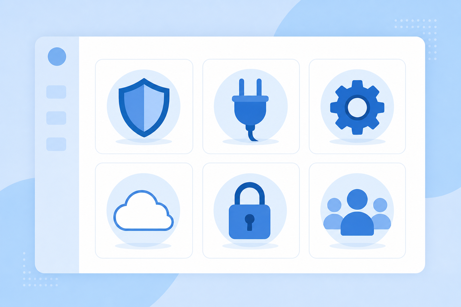 A clean flat-design illustration of a software feature checklist dashboard panel, showing multiple capability icons arranged in a grid layout: a shield icon for security, a plug icon for connectors, a gear icon for configuration, a cloud icon for sync, a lock icon for credentials, and a multi-user icon for multi-tenancy. Soft blue and white color palette, modern minimal style, no text or labels anywhere, professional SaaS product aesthetic