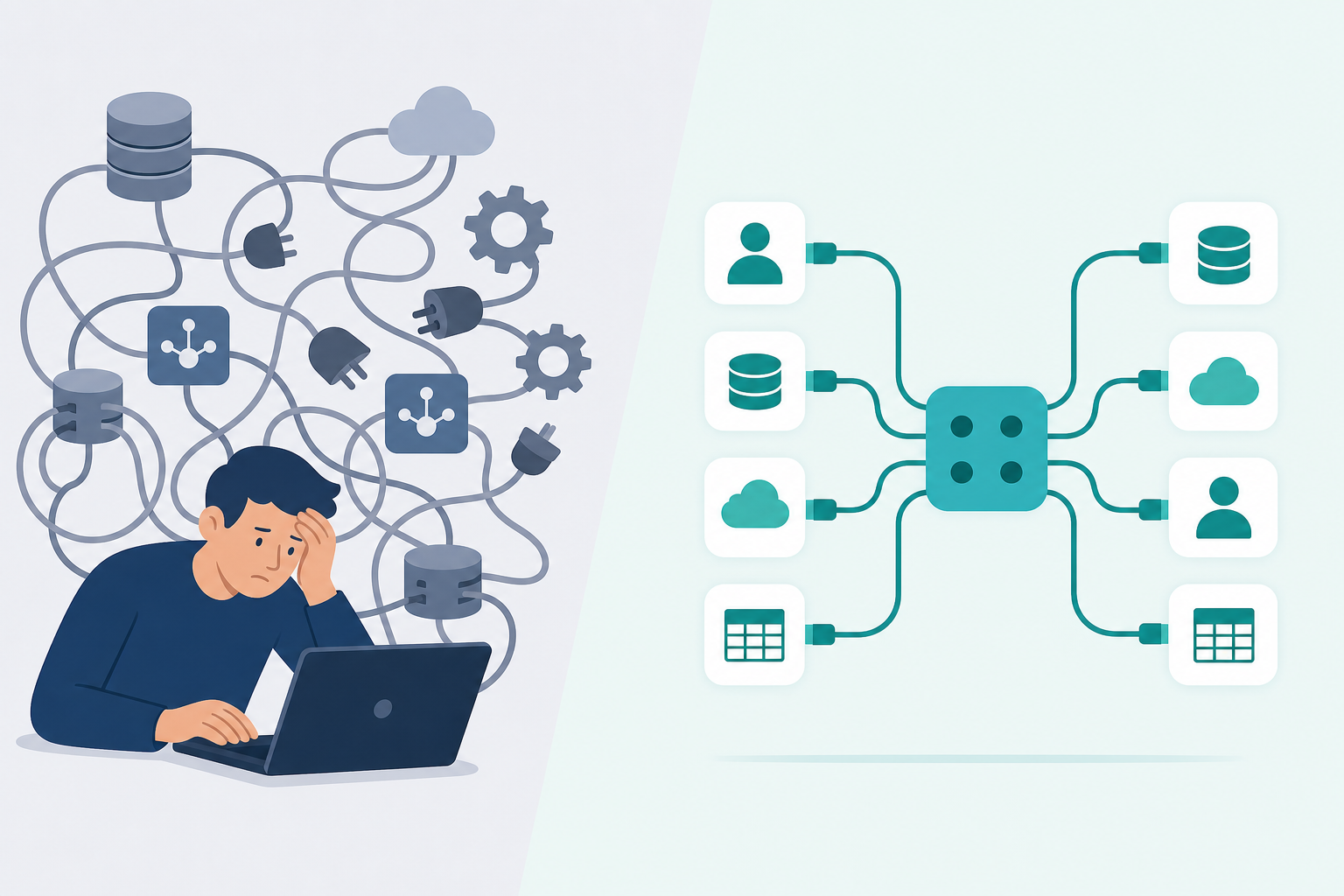 A split-scene illustration showing two contrasting paths: on the left, a lone developer surrounded by a tangled web of cables, gears, and API symbols representing the burden of building and maintaining integrations in-house; on the right, a clean modular plug-and-socket system with smooth connecting nodes and streamlined data pipelines representing a managed integration platform, dark blue and teal color palette, flat modern design style, no text or labels