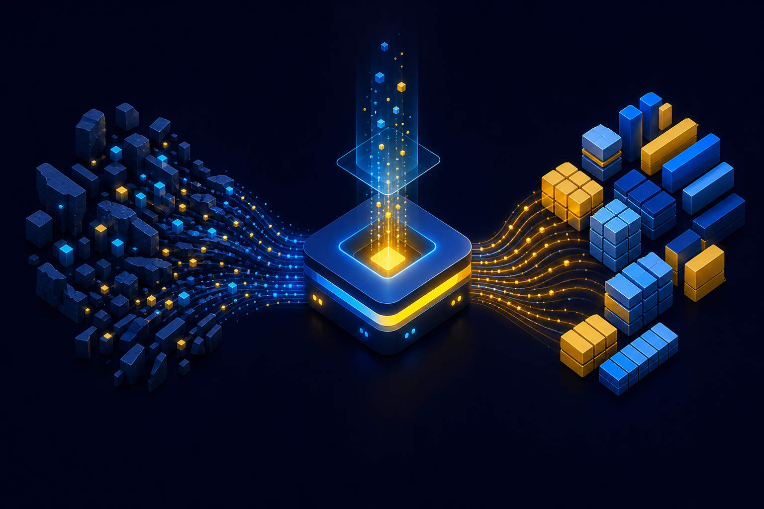 A modern isometric illustration of a data transformation pipeline: raw, jagged data blocks on the left side flow through a glowing central processing node where they are reshaped and structured into clean, organized output blocks on the right. The processing node has Python-themed colors (deep blue and yellow). Flowing streams of data particles connect each stage. The overall palette is deep navy, electric blue, and amber gold, set against a dark background. No text, no labels, no letters, no words anywhere in the image.