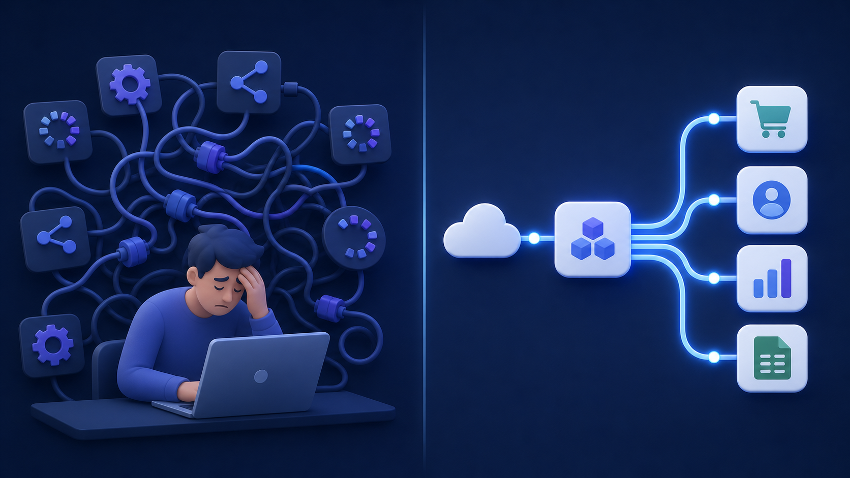 A split-panel conceptual illustration on a dark navy background. On the left side, a overwhelmed developer surrounded by tangled cables, gears, and spinning API endpoint nodes representing the complexity of building and maintaining integrations in-house. On the right side, a clean, streamlined pipeline with smooth glowing connectors flowing effortlessly between app icons like a shopping cart, CRM, and accounting ledger, representing a plug-and-play embedded integration platform. A subtle dividing line separates the two sides, with the left feeling chaotic and the right feeling ordered and calm. No text or labels anywhere.