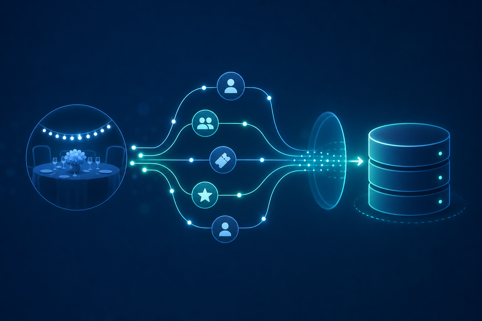 A clean, modern illustration showing data flowing from a fundraising gala event into a donor management database. Elegant connected nodes and arrows representing event attendee records flowing through a digital pipeline into a structured database. Dark blue and teal color scheme with glowing connection lines, abstract network visualization, no people, professional tech aesthetic.