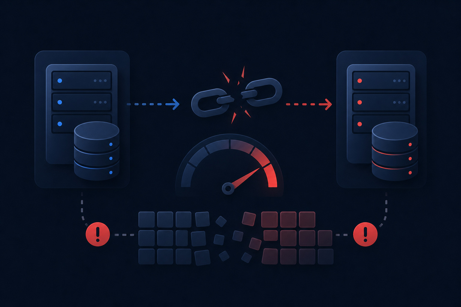 A dark-themed technical illustration showing a data pipeline with warning signals: a broken chain link between two server nodes, a gauge or meter in the red zone representing rate limit throttling, and fragmented data blocks symbolizing partial sync failures, with subtle error indicators and disconnected flow arrows, using deep blue and red accent colors, modern flat design style, no text or labels