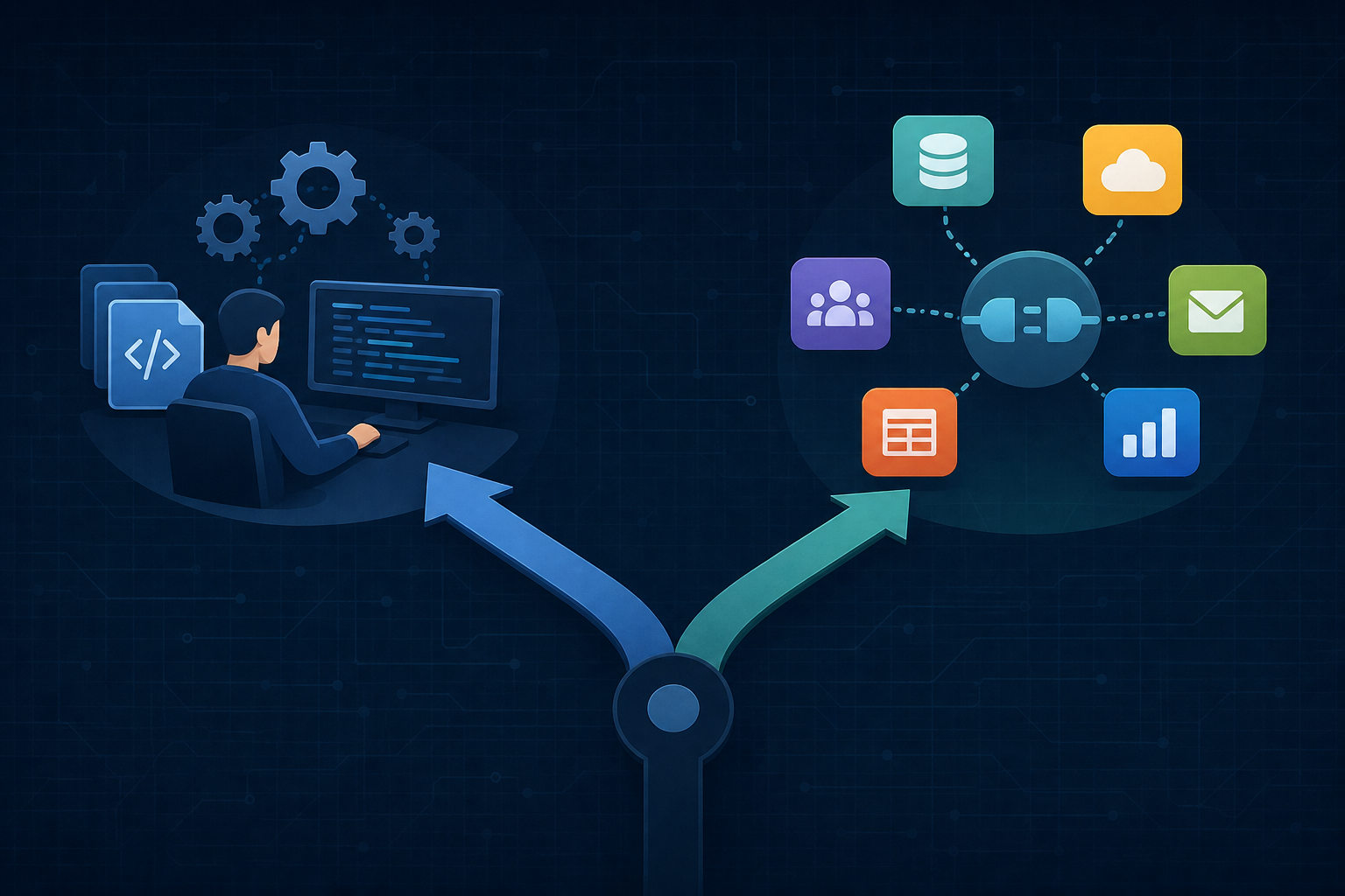 A clean flat design illustration showing two diverging paths on a digital landscape: on the left path, a single engineer at a workstation surrounded by a small stack of code files and gear icons representing building connectors in-house; on the right path, a modular plug-and-socket system with multiple colorful connector nodes arranged in a hub-and-spoke pattern representing an embedded iPaaS platform. The two paths fork from a central decision point shaped like a branching arrow. Dark technical background with subtle circuit board grid texture, no text or labels anywhere.