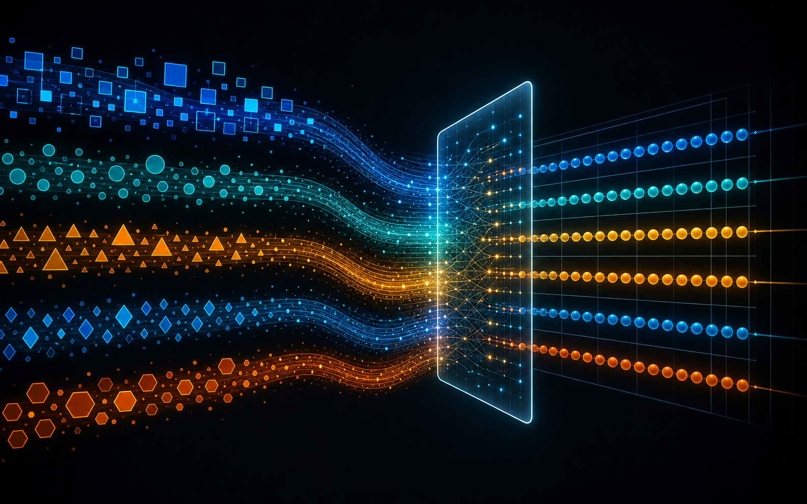Abstract visualization of data transformation pipeline where multiple streams of differently shaped and colored data flow into a central processing layer, emerging as unified clean structured output, representing schema normalization and field mapping across diverse data sources, dark background with glowing data streams in blue teal and amber, geometric shapes representing different data schemas converging, modern technical aesthetic with particle effects