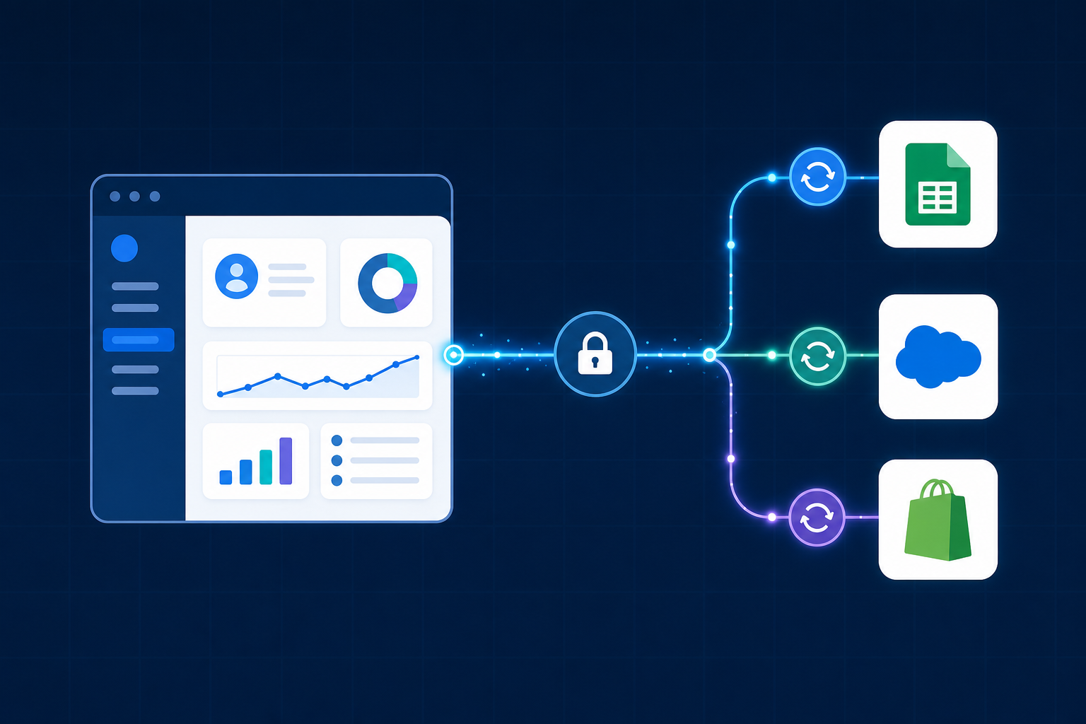 A clean technical diagram showing a software integration onboarding flow: a modern SaaS product UI on the left connects via a glowing data pipeline to multiple third-party app icons (accounting software, CRM, e-commerce platform) on the right, with OAuth authorization arrows and data sync symbols flowing between them, set against a dark navy background with subtle grid lines and colorful connector nodes