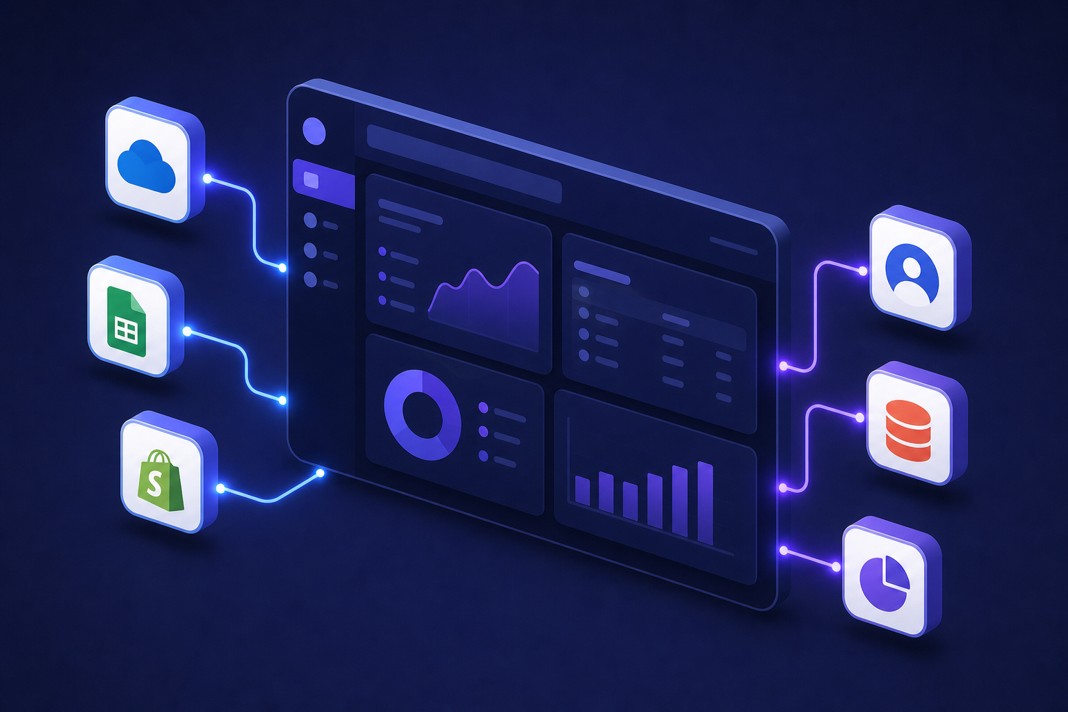 A clean isometric illustration showing a modern SaaS product dashboard interface with multiple third-party app logos (CRM, accounting, e-commerce) connected to it via glowing data flow lines, all contained within a single unified product UI frame, representing native embedded integrations, dark blue and purple color scheme, professional and technical aesthetic, no text or labels