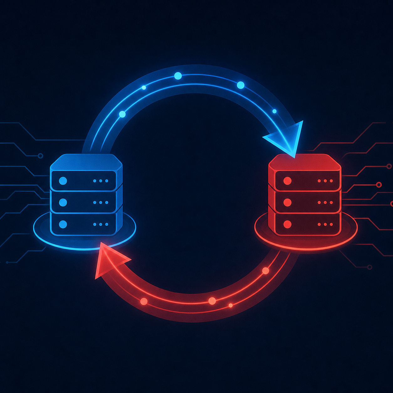 A circular diagram showing two server systems connected by arrows forming an infinite loop, with glowing feedback cycles going back and forth between them, digital pulses traveling along the loop paths, abstract representation of data bouncing endlessly between two nodes, modern flat design with blue and red color palette, dark background with neon circuit-style connectors, no text or labels