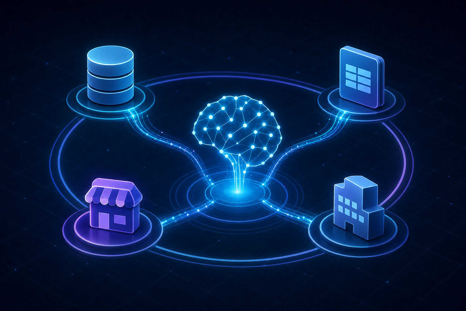 A futuristic diagram showing a central AI brain or neural network hub connected by glowing data streams to multiple floating business application icons — CRM database, accounting ledger, e-commerce storefront, ERP system — arranged in a circular layout against a dark tech background with subtle grid lines and blue-purple gradient light effects