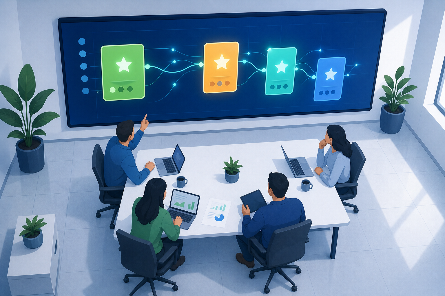 A bird's eye view of a modern product team in a collaborative workspace, with a large digital dashboard on a wall screen showing colorful priority scoring cards arranged in a ranked pipeline, glowing data points and connecting lines flowing between cards, representing business impact analysis and strategic decision-making, clean minimalist office environment, cool blue and green tones