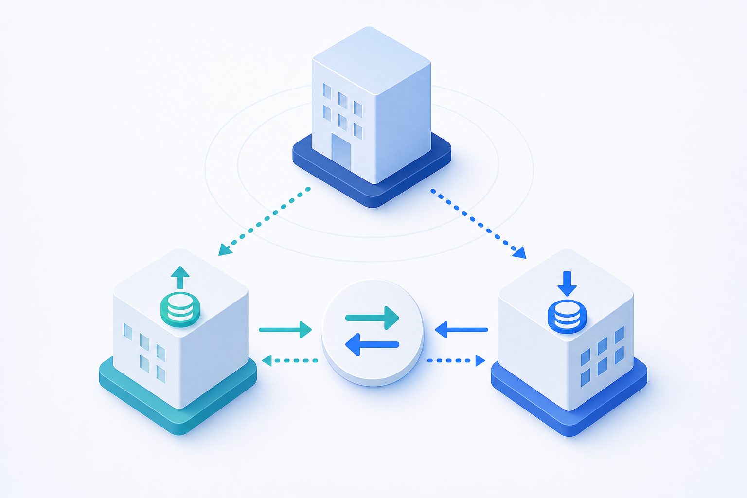 A clean isometric illustration showing two corporate entity blocks connected by bidirectional arrows representing intercompany financial flows. One entity has a receivable icon (upward arrow with coin stack) and the other has a payable icon (downward arrow with coin stack). A central elimination symbol (two arrows canceling each other) sits between them above a consolidated parent entity at the top. Abstract geometric style, professional navy and teal color palette, no text or labels, soft shadow depth on a light background.