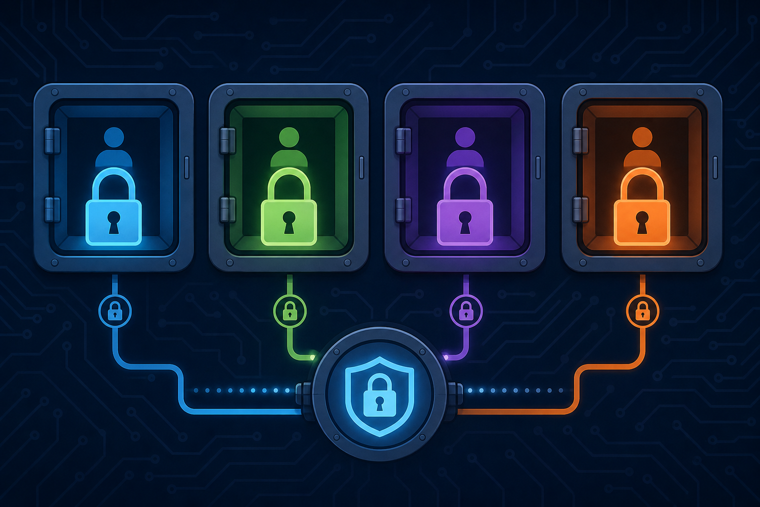 A technical diagram illustration showing multi-tenant credential isolation: multiple distinct padlocked vault compartments arranged side by side, each glowing with a unique color, connected to a central secure gateway node via separate encrypted pathways, dark navy background with circuit-board texture, modern flat design style, no text or labels