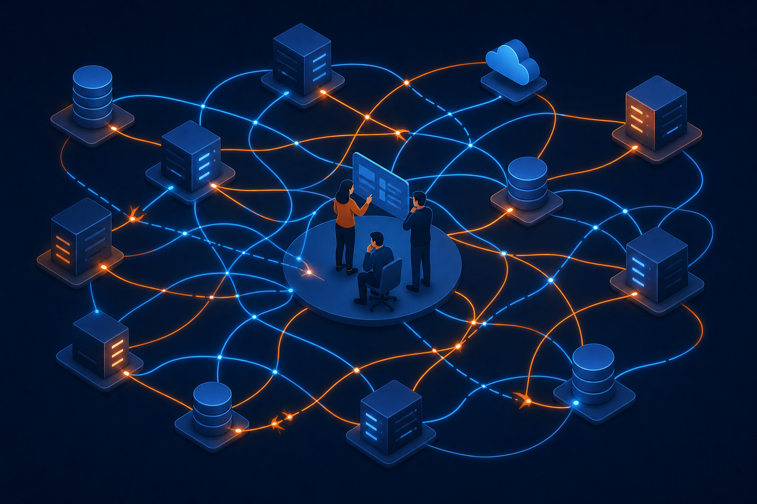An engineering team surrounded by a tangled web of glowing connection lines linking multiple different server nodes and database icons, each node representing a different enterprise software system. The connections are complex and overlapping, some broken or frayed, visualizing the difficulty of maintaining multiple custom integrations. Dark background with blue and orange neon highlights, isometric perspective, no text or labels anywhere.
