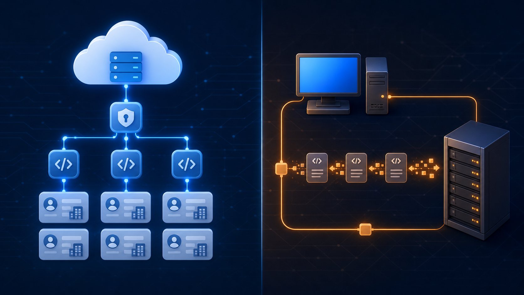 A split-screen technical architecture diagram illustration showing two distinct integration pathways. On the left side, a clean cloud-based system with glowing blue connection lines flowing from a cloud server down through secure API endpoints to multiple connected tenant nodes arranged in a grid — representing a modern REST OAuth flow. On the right side, a local on-premise setup showing a Windows desktop computer connected via a local network cable to a server rack, with XML data packets visualized as structured blocks flowing between them — representing a legacy SOAP/agent-based architecture. Both sides use a dark navy background with subtle circuit-board grid lines, with the left side accented in electric blue and the right side in amber/orange. No text, no labels, no words anywhere in the image.