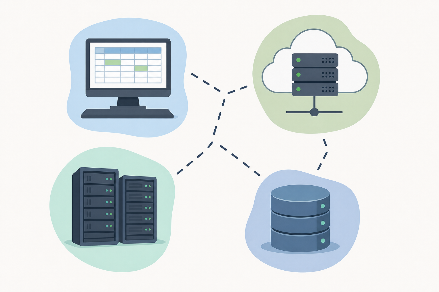 A flat illustration showing multiple disconnected accounting software icons arranged in a fragmented, scattered pattern — desktop computer with spreadsheets, cloud servers, on-premise server racks, and database cylinders — each isolated in its own bubble or island, connected by broken or dotted lines, representing incompatible systems that don't talk to each other, in a clean modern style with muted blues, greens, and grays