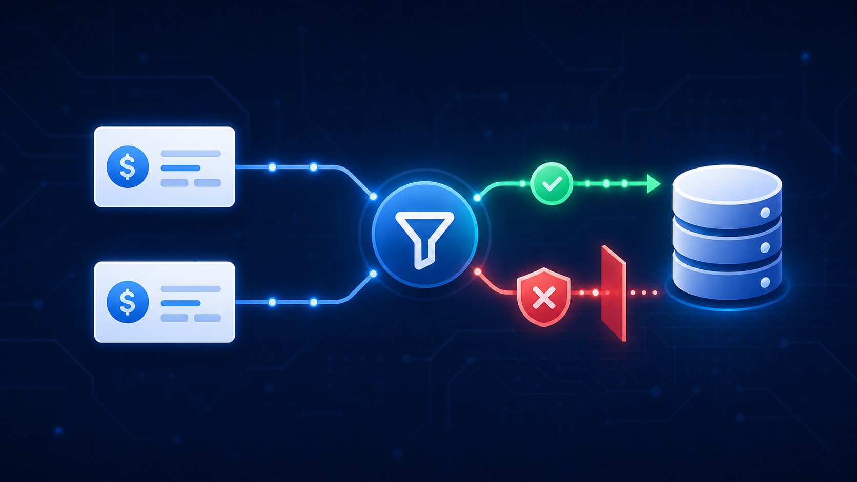 A clean technical illustration showing a data pipeline with duplicate record prevention. Two identical transaction cards approaching a filtering checkpoint node — one passes through a glowing green gate and continues to a destination database, while the duplicate is caught and blocked by a red barrier shield. Connected nodes and flowing data lines on a dark navy background with subtle circuit-board grid textures, accented in electric blue and green. No text, no labels, no words anywhere in the image.