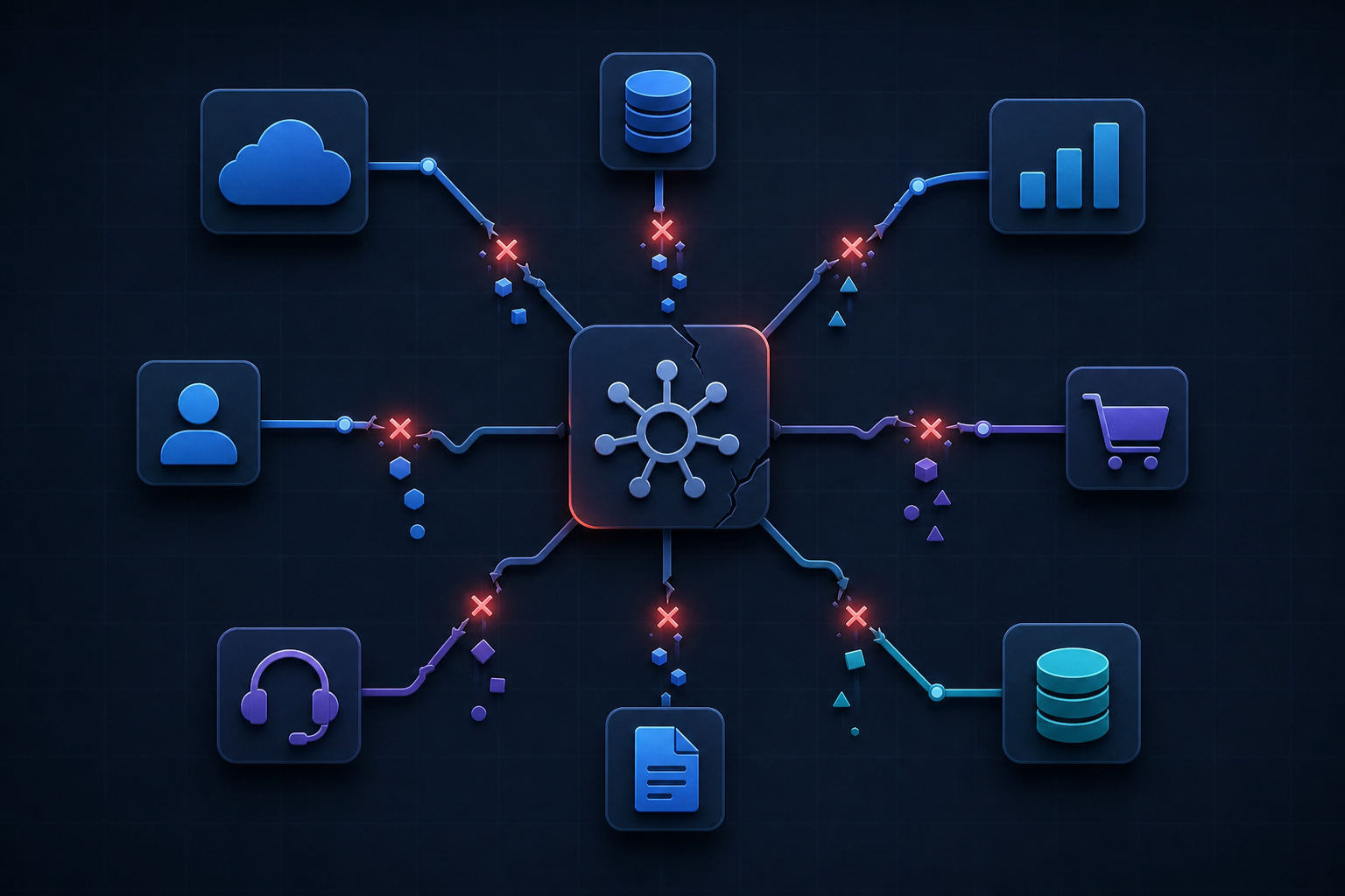 A dark technical illustration showing multiple disconnected data pipeline nodes with broken connection lines between them. Some nodes glow red indicating errors, while data packets represented as small geometric shapes fall through the gaps in broken links. A central hub with fractured spokes connects to various cloud service icons. The overall mood is technical and slightly chaotic, with a dark blue and charcoal background, red warning indicators, and subtle grid lines suggesting a monitoring dashboard aesthetic. No text or labels anywhere in the image.