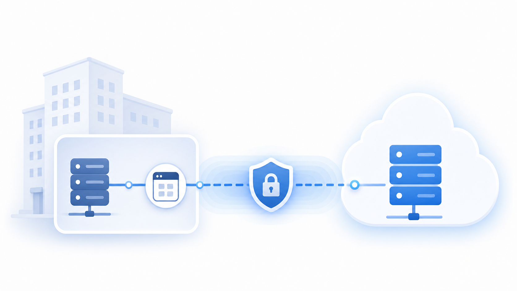 A technical network architecture diagram illustration showing a cloud server on the right connected via a secure encrypted tunnel to an on-premise server inside a corporate building on the left, with a firewall shield symbol between them and a small lightweight agent icon sitting inside the building network, all rendered in a clean flat vector style with blue and gray tones, no text or labels