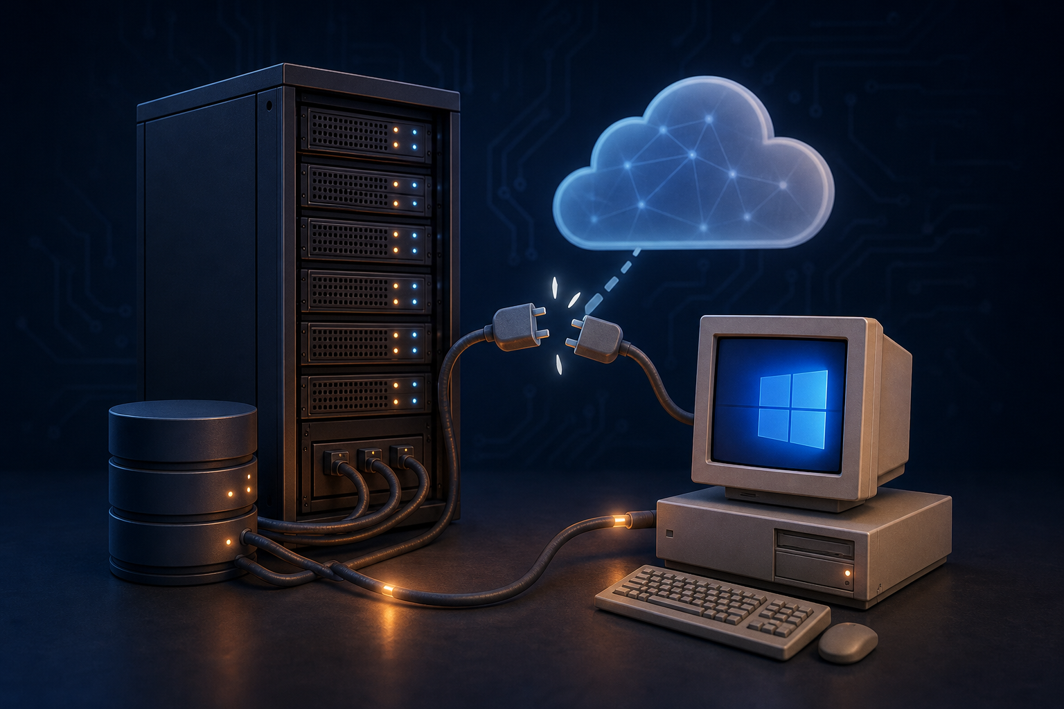 A dark technical illustration showing a physical on-premise server rack connected by thick cables to a vintage desktop computer running a Windows interface. A translucent cloud icon hovers nearby but is visually blocked by a broken or disconnected link. The server rack glows with indicator lights, and complex wiring runs into a local database cylinder. The overall aesthetic is moody and technical with deep navy and charcoal tones, subtle blue circuit-board patterns in the background, and warm amber lighting on the hardware components. No text, labels, or words anywhere in the image.
